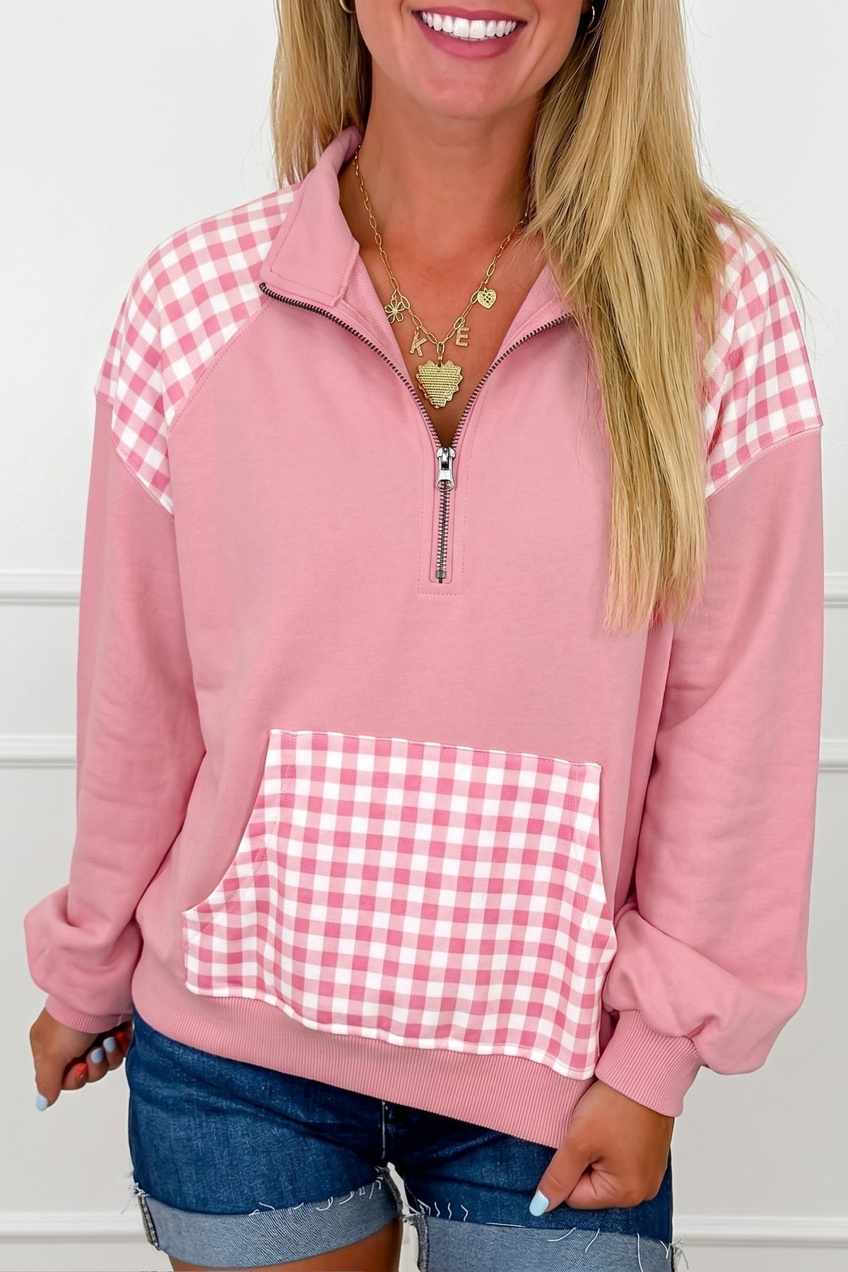 Pink Patchwork Plaid Pocket Quarter Zip Sweatshirt