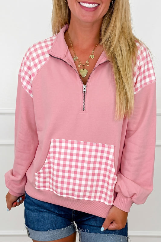 Pink Patchwork Plaid Pocket Quarter Zip Sweatshirt