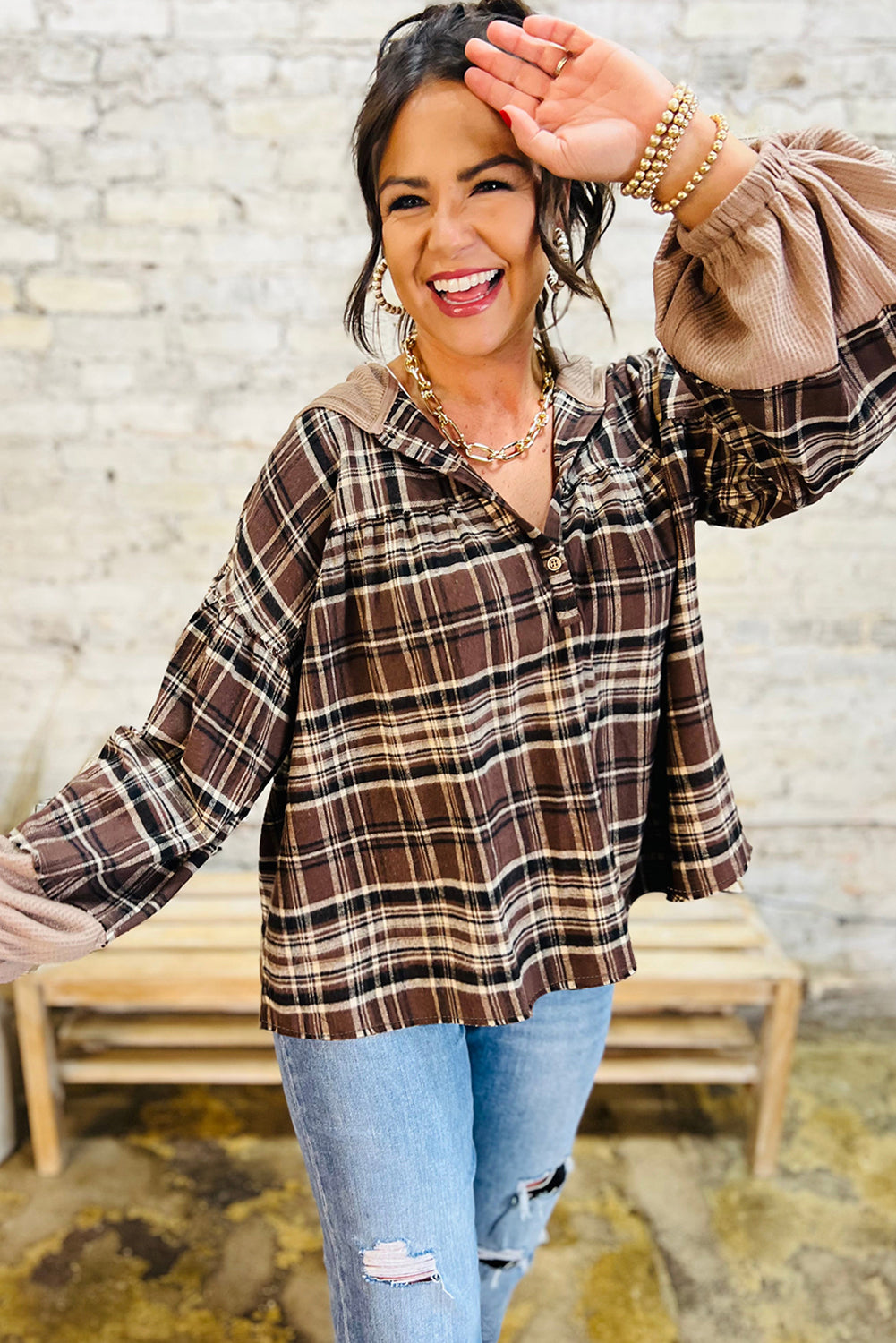 Brown Plaid Patchwork Long Sleeve Button Hooded Blouse