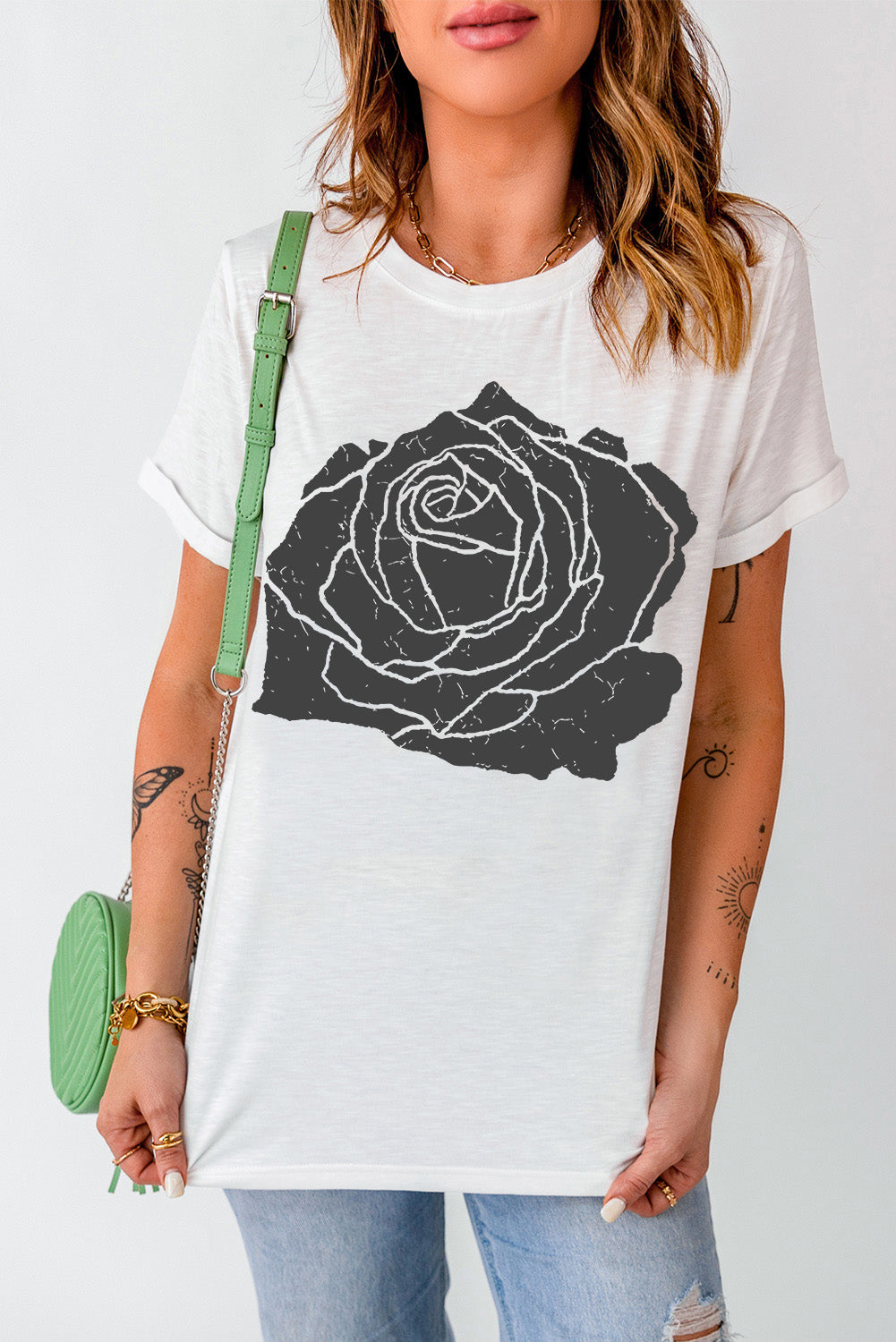T-shirt col rond blanc à imprimé grandes roses