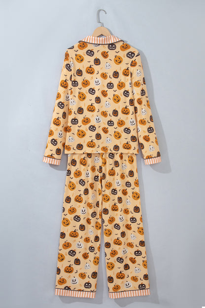 Orange Halloween Pumpkin Print Two Piece Long Sleeve Lounge Set