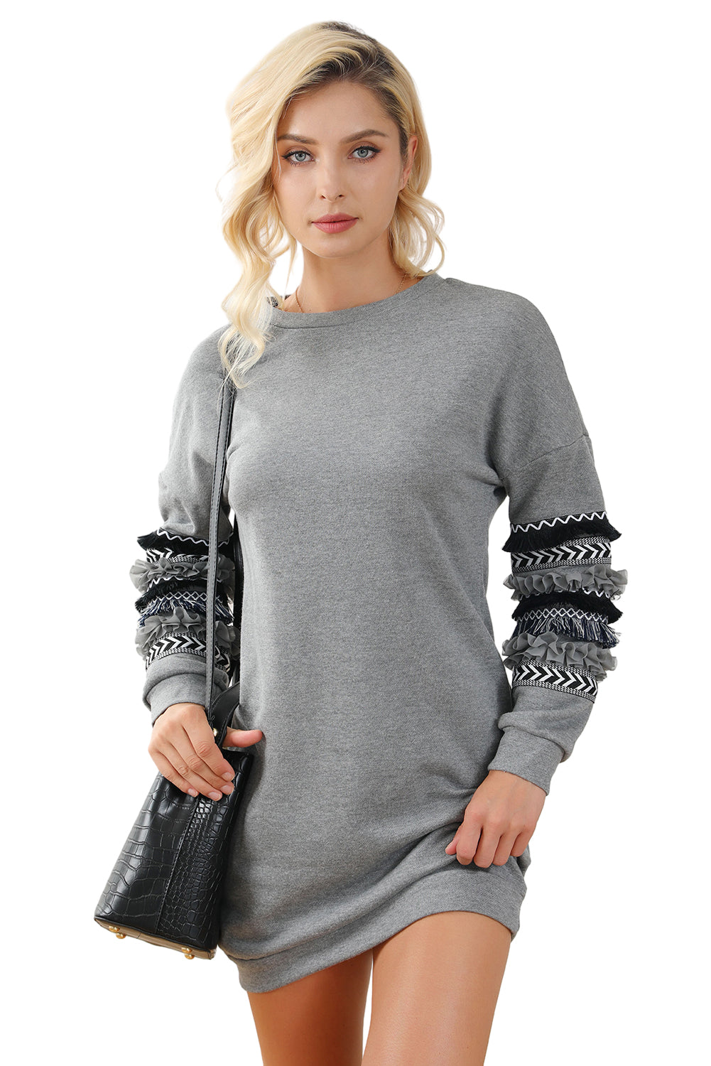 Dark Grey Printed Fringed Ruffled Accent Sweatshirt Dress