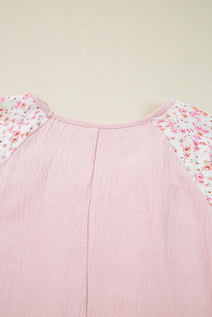 Chemisier grande taille à manches longues et patchwork floral rose contrasté