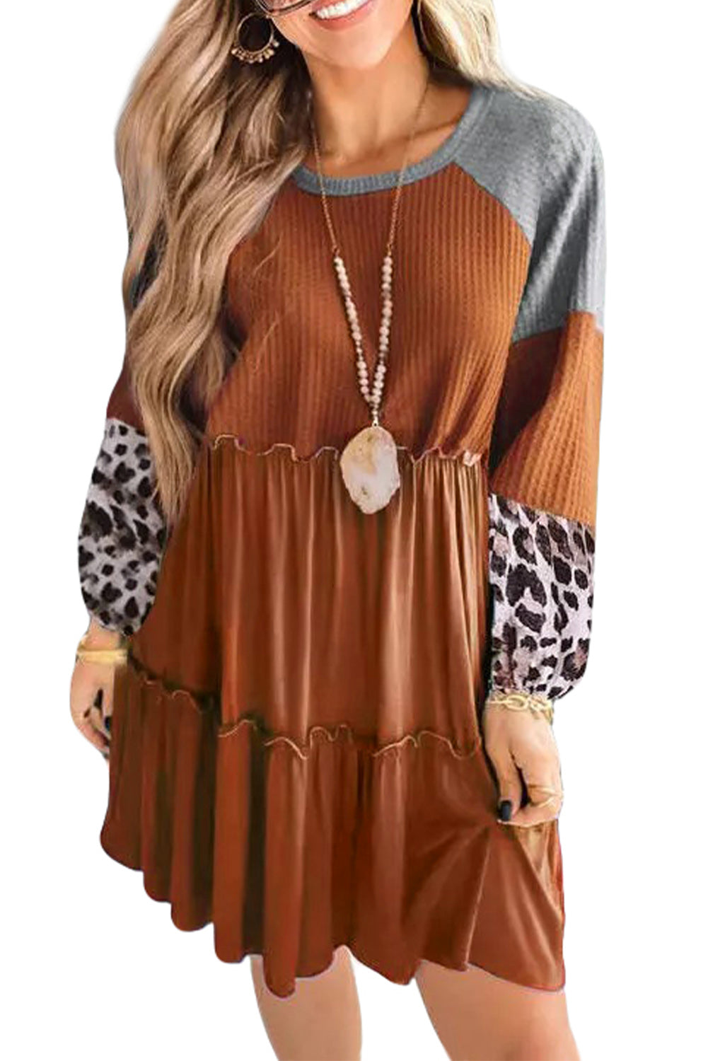 Waffle Knit Leopard Patchwork Long Sleeve Dress