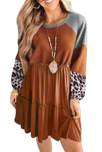Waffle Knit Leopard Patchwork Long Sleeve Dress