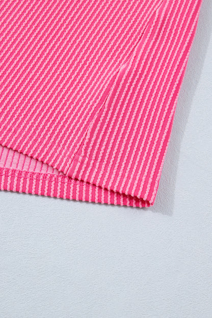 Bright Pink Plus Size Twisted Rib Color Block Patchwork Short Sleeve Henley Top