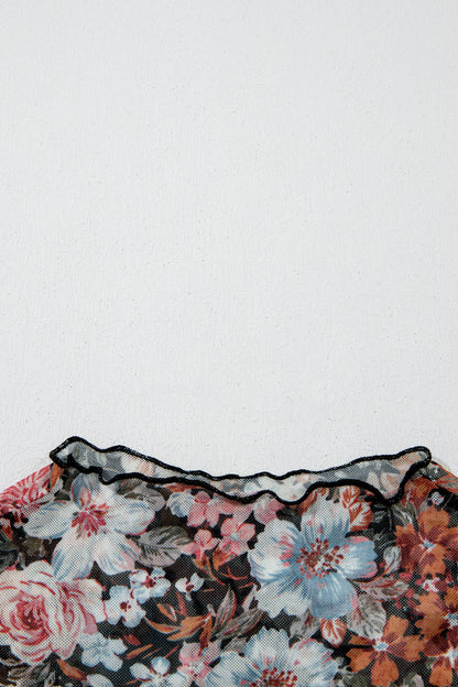 Brown Floral Printed Mesh Short Sleeve Top