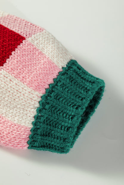 Pink Plaid Knit Bow Knot Decor Open Front Sweater Cardigan