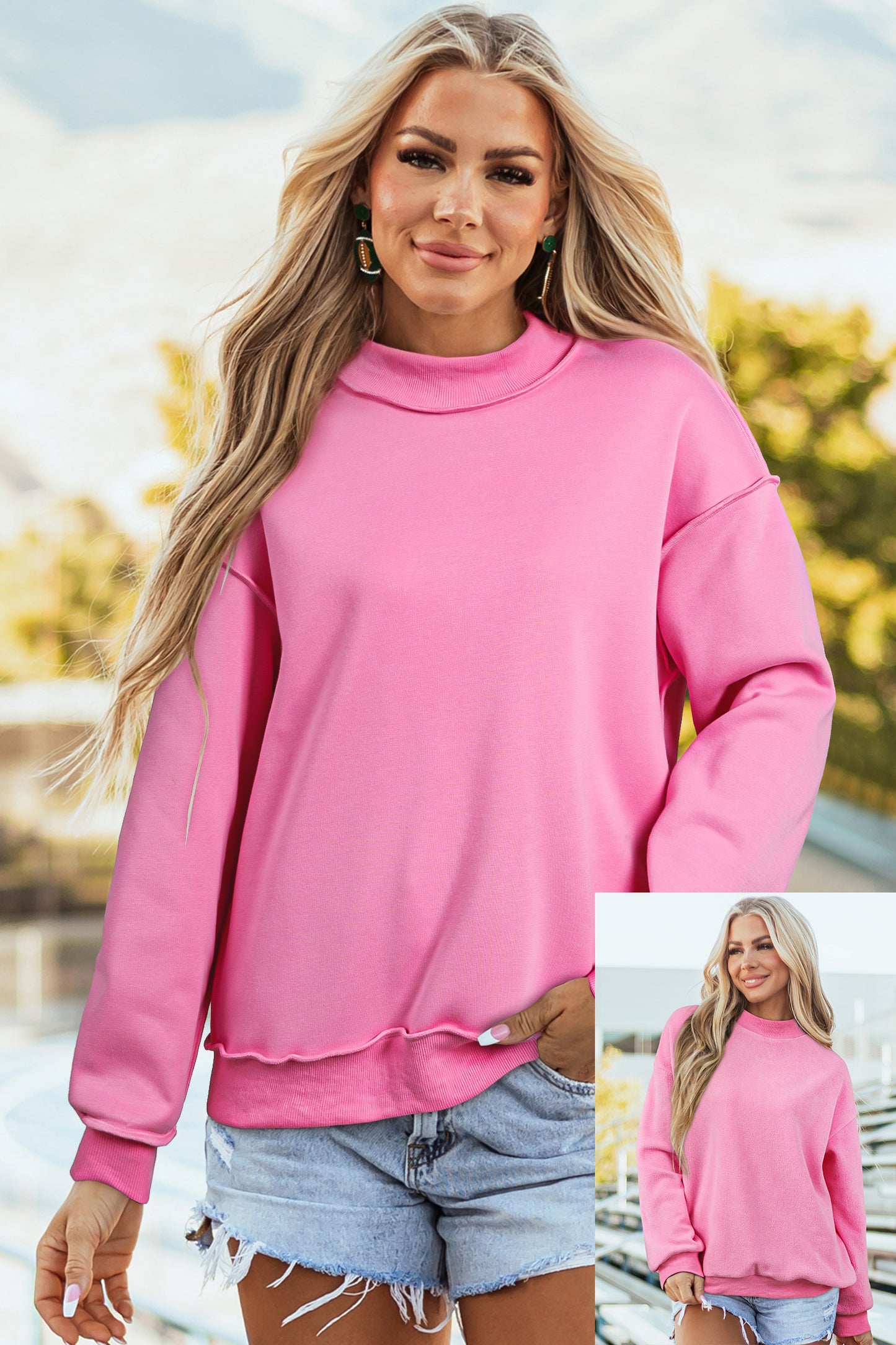 Dark Blue Oversize Drop Shoulder Reversible Mock Neck Sweatshirt