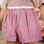 Pink Contrast Trim Plaid Print Plus Size Shorts