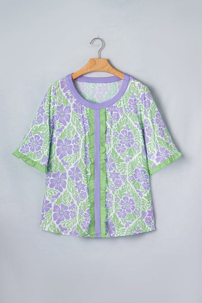 Rose Floral Print Ruffled Color Block Trim Half Sleeve Blouse