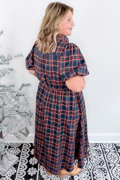 Black Plaid V Neck Belted Waist Short Sleeve Plus Size Dress