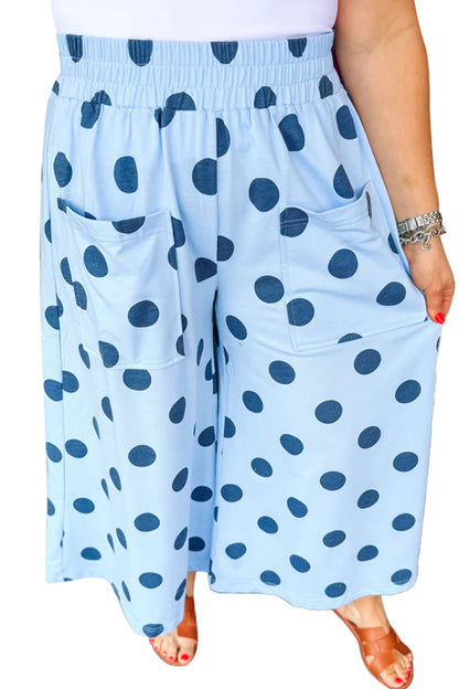 Sky Blue Polka Dot Elastic Waist Wide Leg Plus Size Pants
