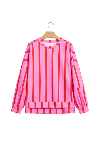 Red Stripe Dropped Shoulder Round Neck Casual Sweatshirt
