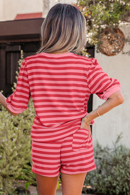 Green Stripe Puff Short Sleeve T Shirt Matching Shorts Set