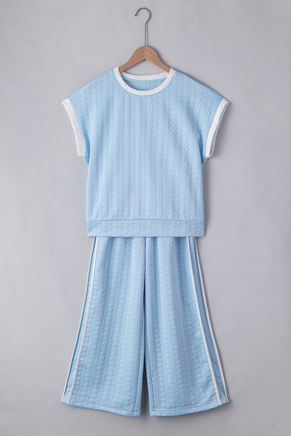 Ensemble débardeur et pantalon taille haute à bordures colorblock texturées bleu Beau