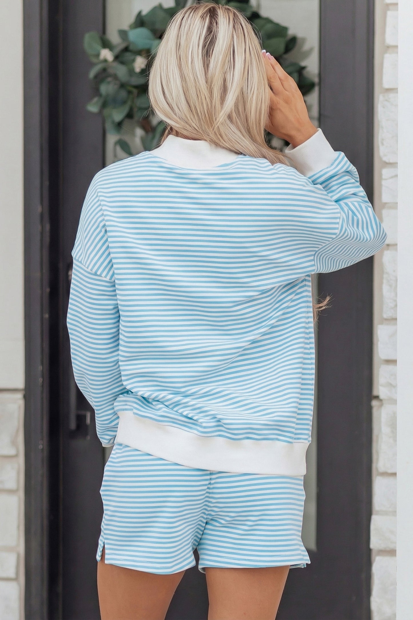 Sky Blue Stripe Oversize Mock Neck Sweatshirt and Shorts Set