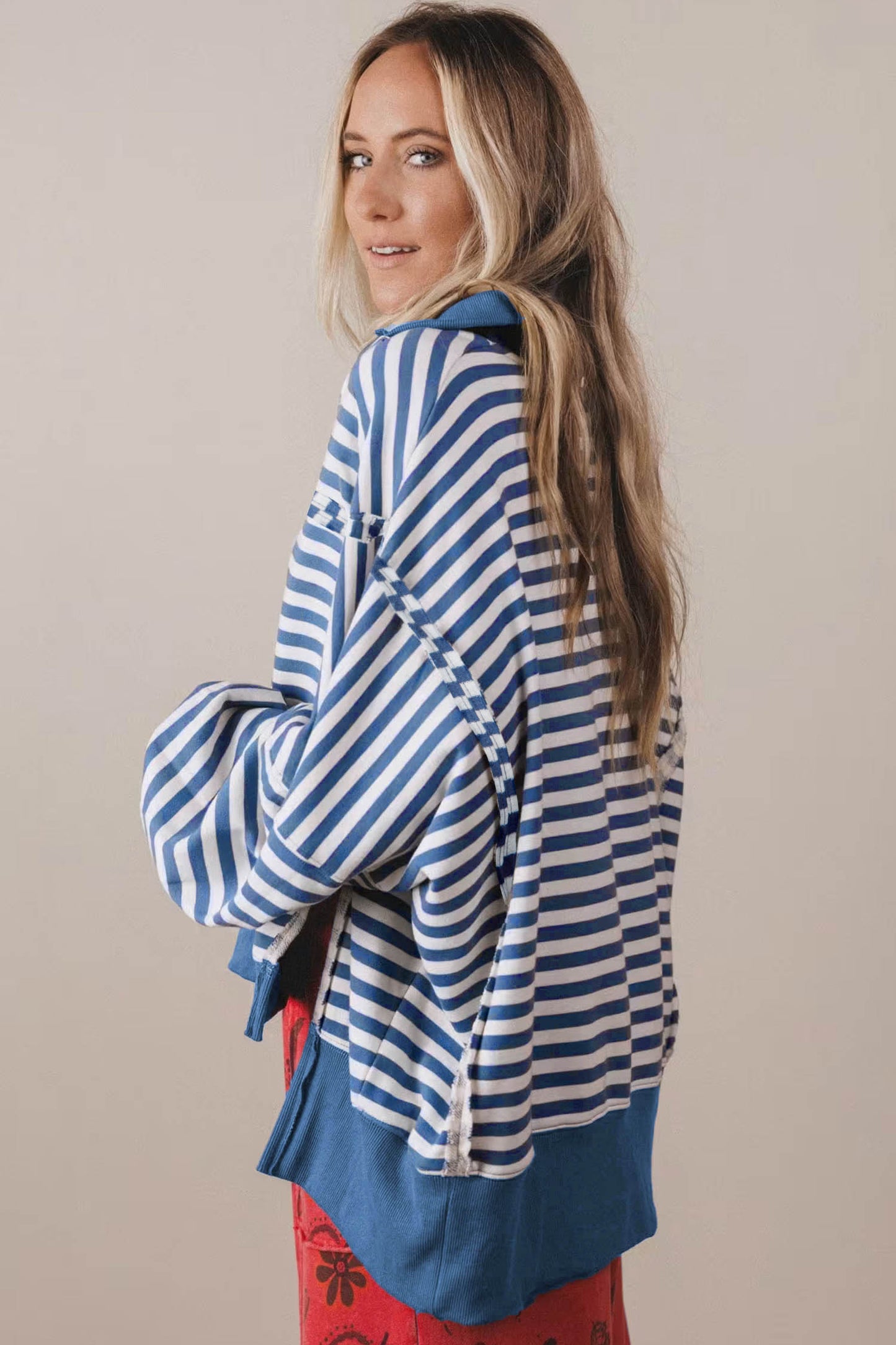 Blue Stripe Color Block Trim Raw Seam Split Hem Loose Pullover Sweatshirt