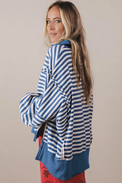 Blue Stripe Color Block Trim Raw Seam Split Hem Loose Pullover Sweatshirt