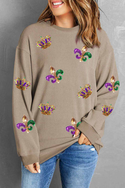 Khaki Carnival Sequin Crown Fleur De Lis Corded Sweatshirt