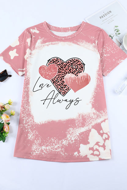 T-shirt graphique à imprimé léopard délavé « Love Always Heart »