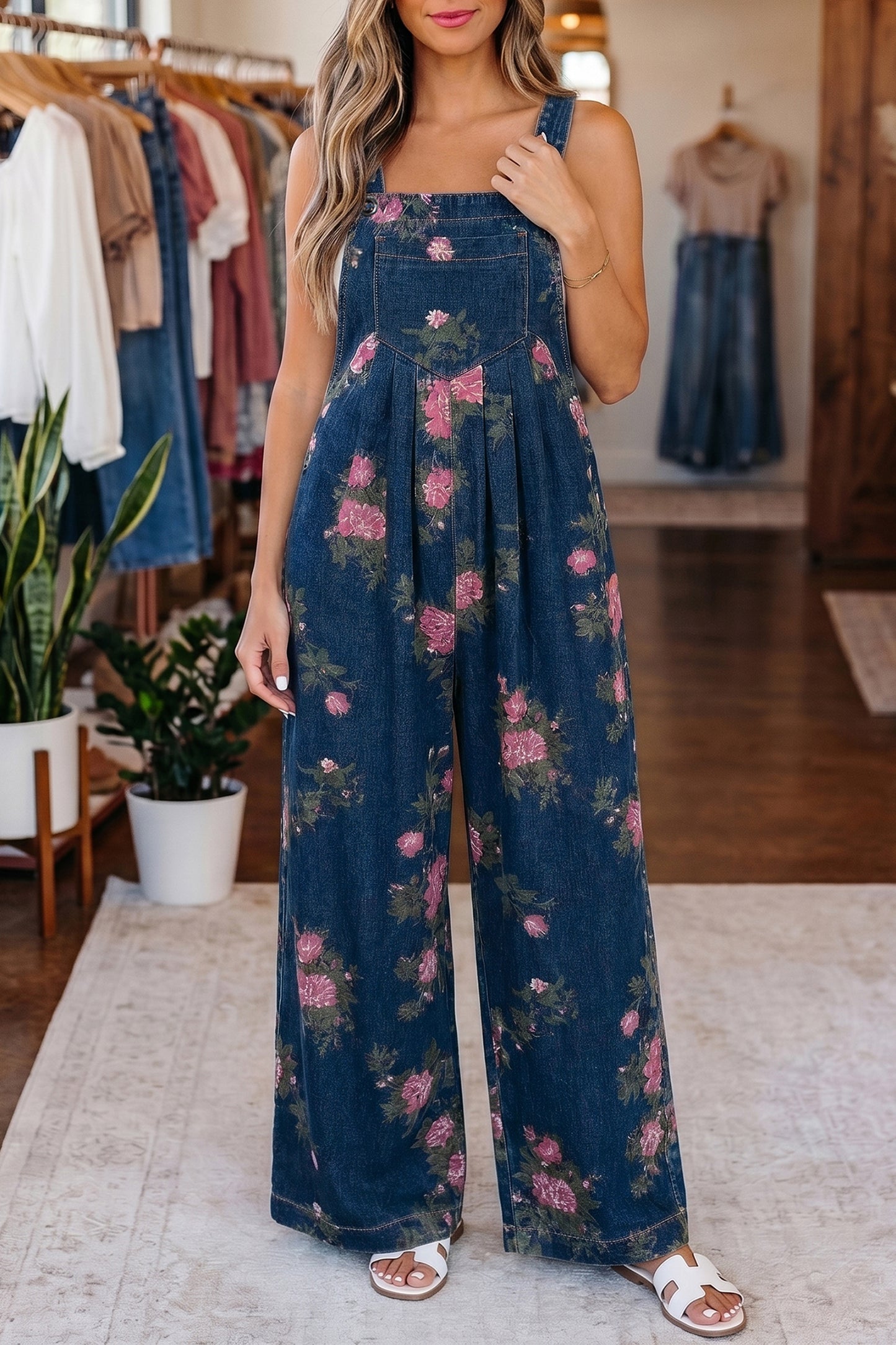 Beau Blue Floral Print Pleated High Waist Wide Leg Denim Jumpsuit