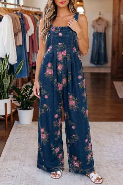 Beau Blue Floral Print Pleated High Waist Wide Leg Denim Jumpsuit
