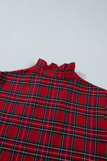 Red Plaid Long Sleeve Mini Shift Silhouette Decoration Dress
