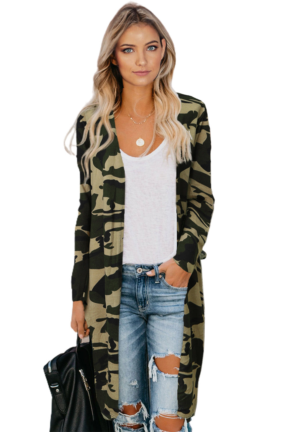 Cardigan long à imprimé camouflage vert