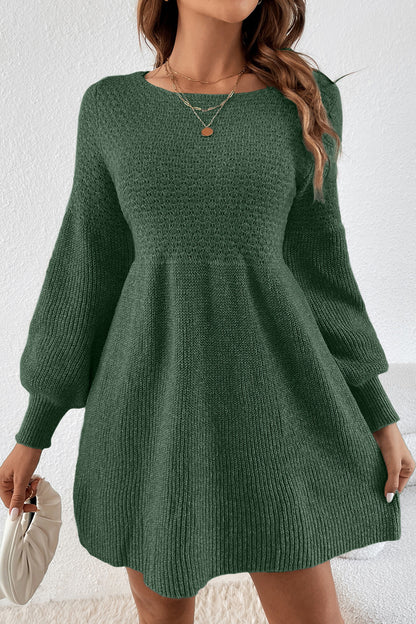 Mist Green Solid Lantern Sleeve Empire Waist Short Sweater Dress Mist Green / M / 60%Cotton+40%Acrylic