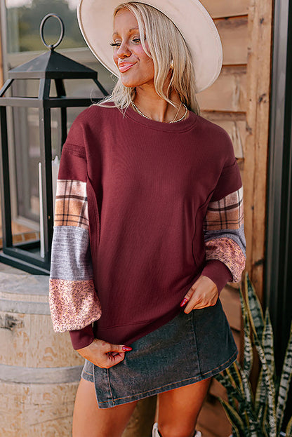 Red Sandalwood Plaid Colorblock Patchwork Sleeve Raw Seam Sweatshirt