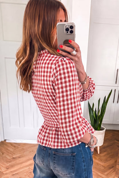 Red 3/4 Sleeve Shirred Plaid Peplum Top