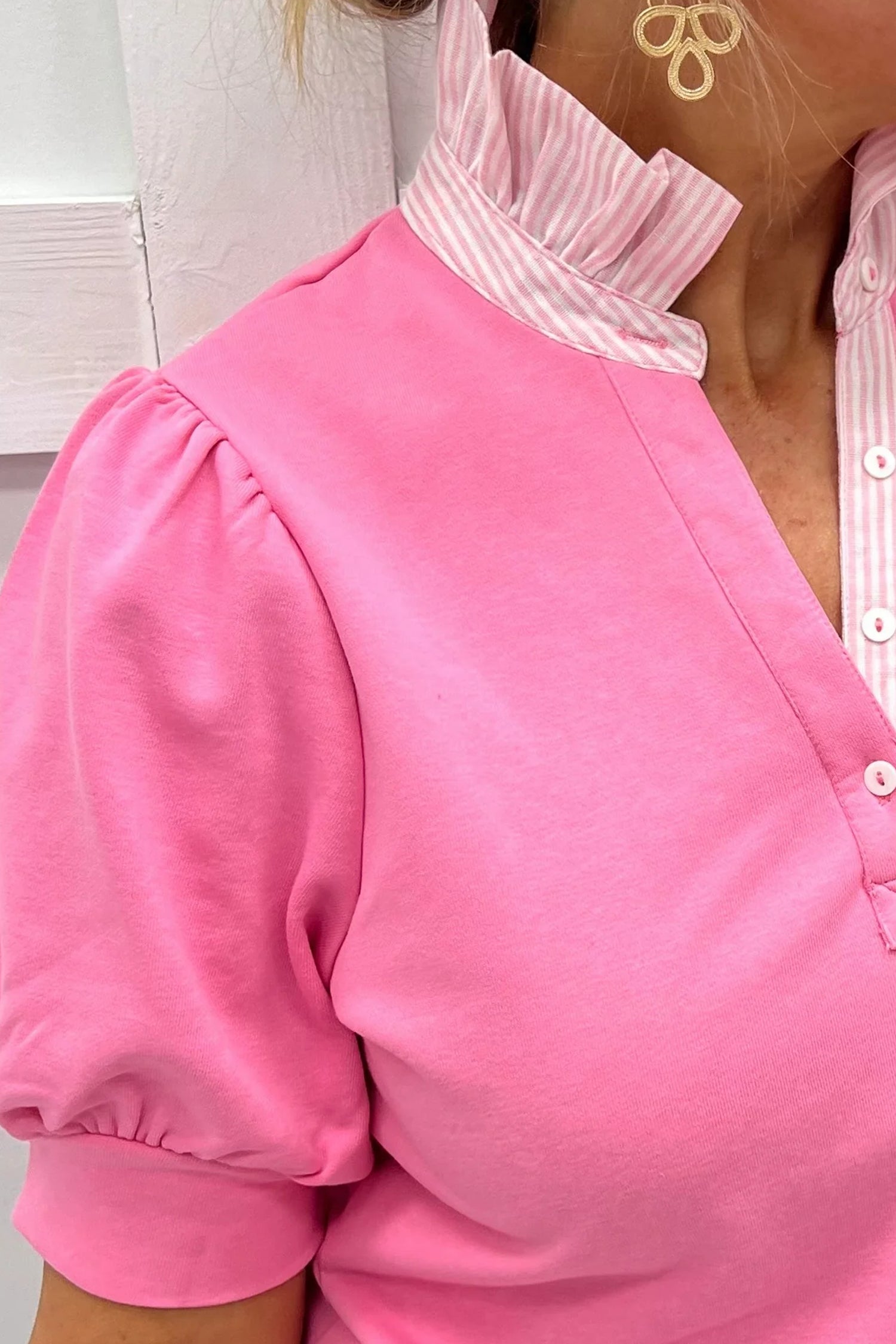 Sachet Pink Striped Frilled Collar Short Sleeve Blouse