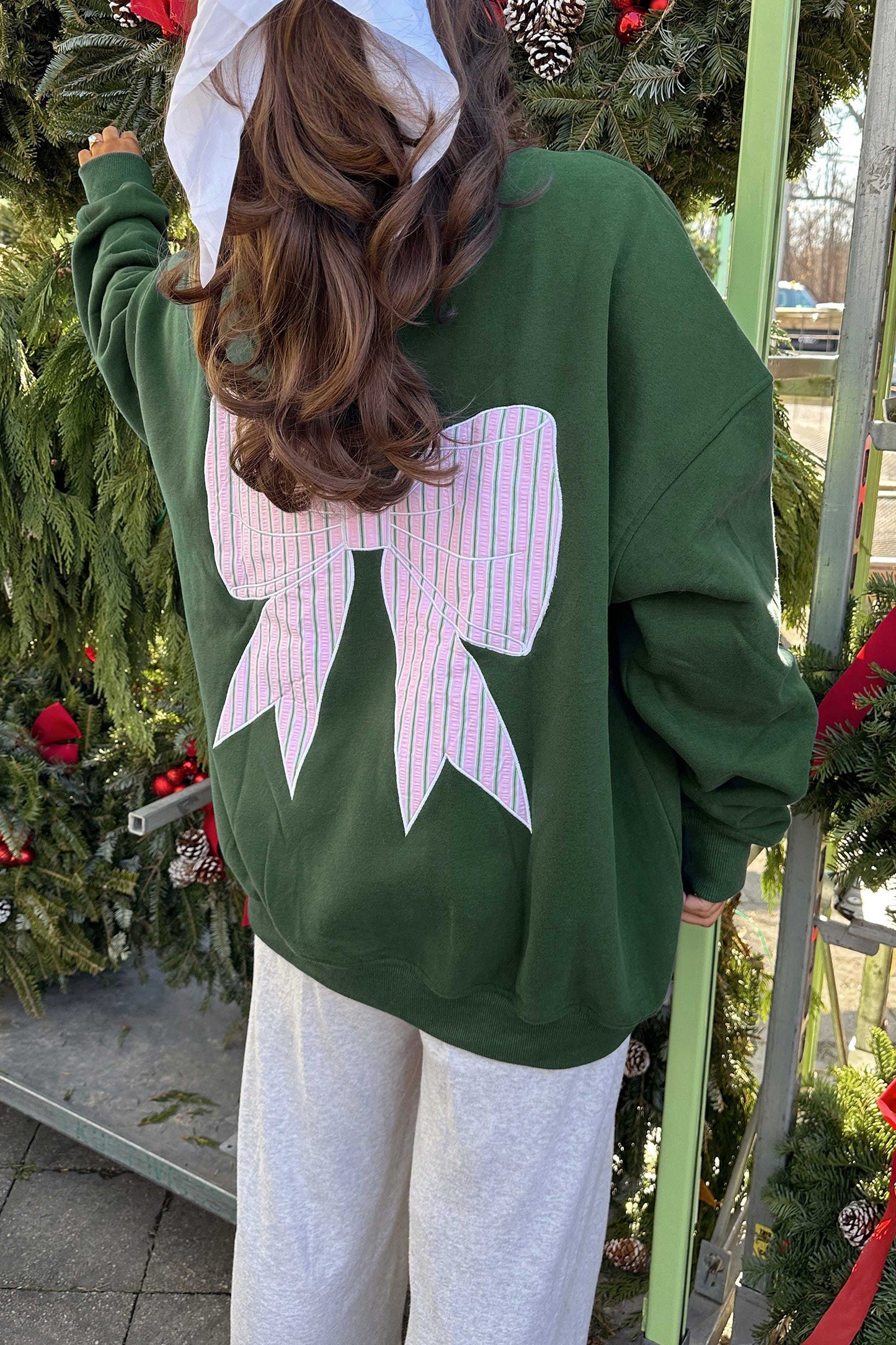 Blackish Green Striped Bow Graphic Oversized Sweatshirt