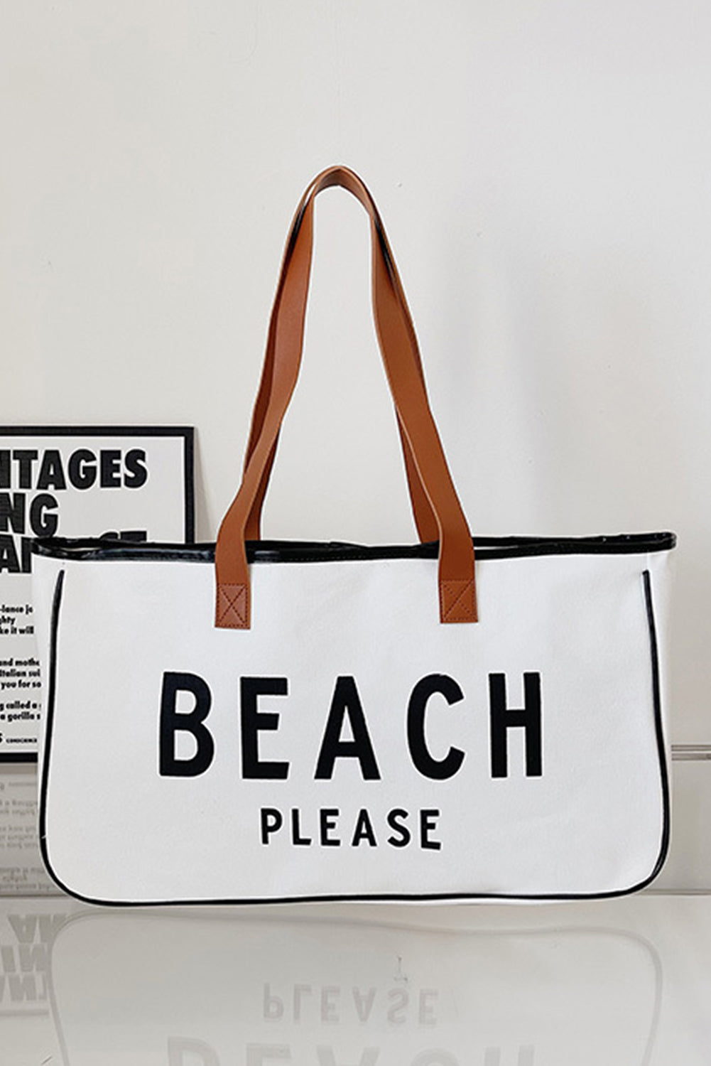 Grand sac fourre-tout en toile blanc brillant avec imprimé BEACH PLEASE 