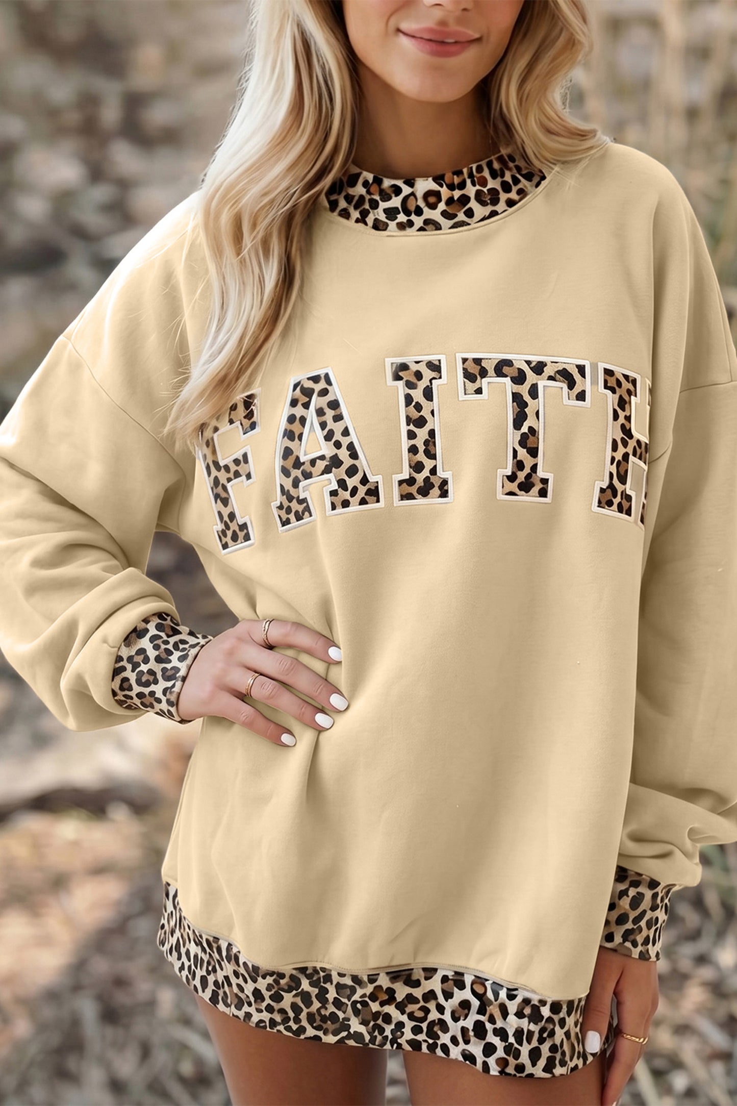 Parchment Leopard Trim High Neck FAITH Letter Graphic Baggy Sweatshirt