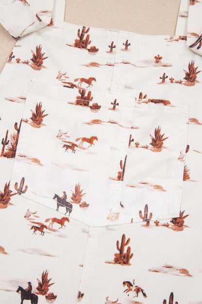 Beige Western Printed Button Adjustable Straps Loose Jumpsuit Dungarees