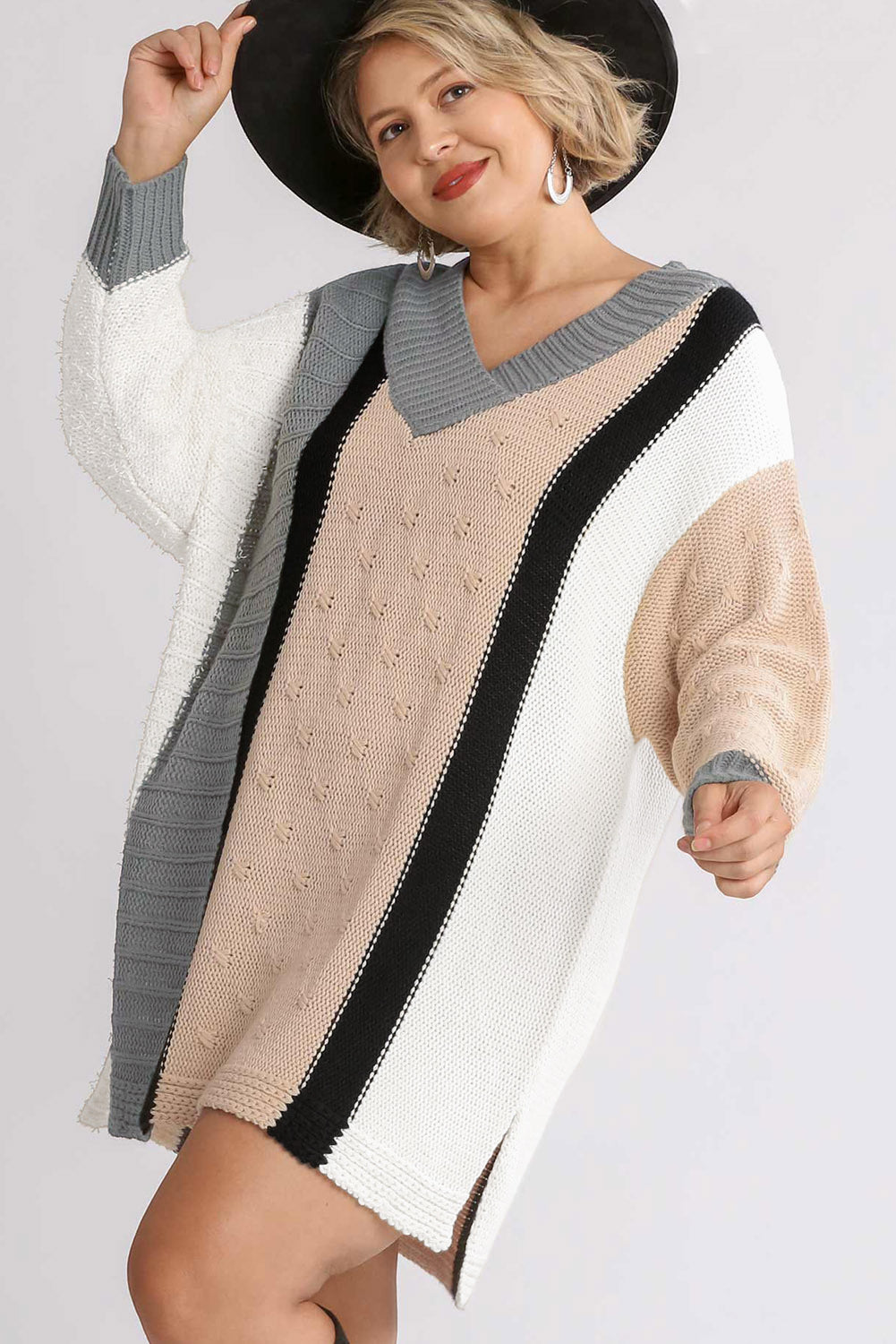 Vestido suéter talla grande bloque de color boucl mixto albaricoque 