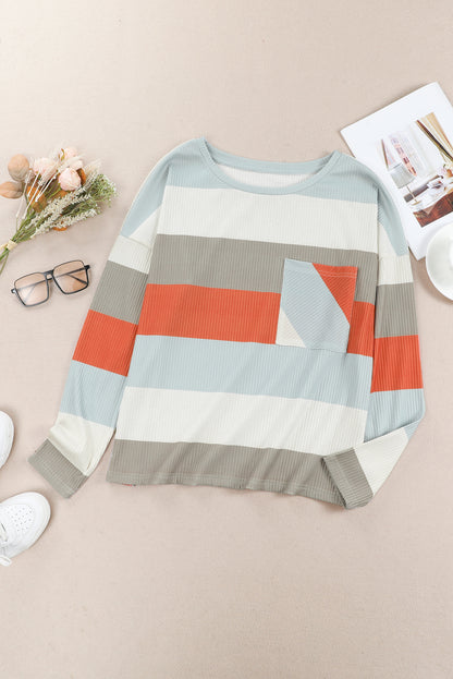 Color Block Ribbed Long Sleeve Top with Pocket