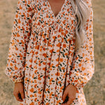 Beige Floral Deep V Neck Smocked Bust Bubble Sleeve Babydoll Dress