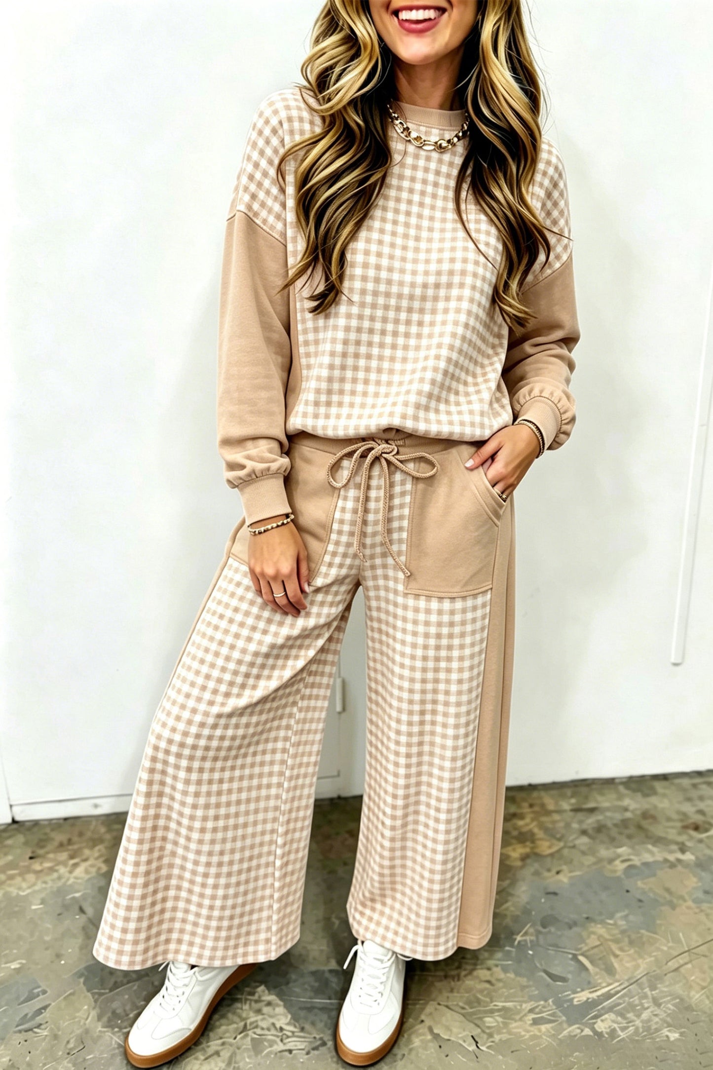 Khaki Color Block Plaid Patchwork Long Sleeve Pullover Wide Leg Pant Set