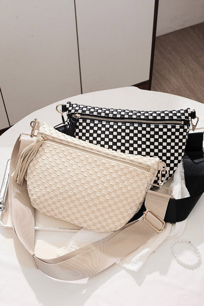White Checkered Woven PU Leather Crossbody Bag Adjustable Strap Large Size