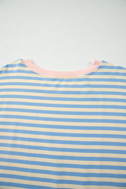 Sky Blue Stripe Plus Size Drop Shoulder Contrast Trim Round Neck Tee
