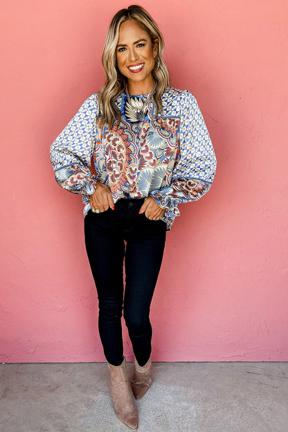 Black Mixed Floral Geometric Print Ruffled Long Sleeve Blouse