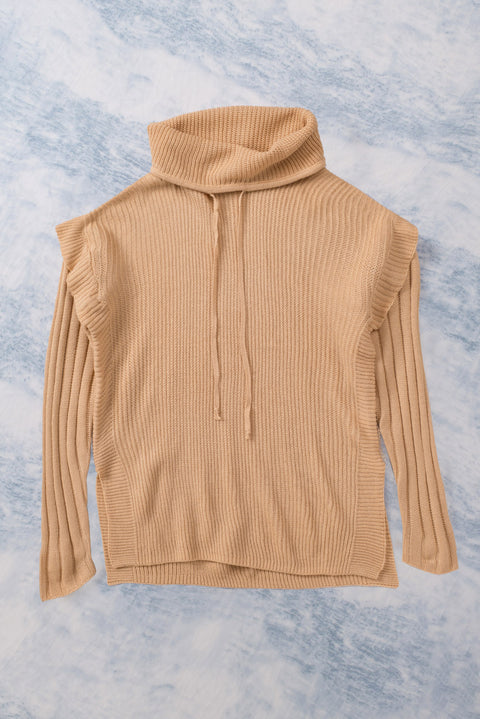 Khaki Cowl Neck Drawstring Patchwork Sleeve Sweater