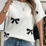 White Bow Pattern Knit Short Sleeve Sweater