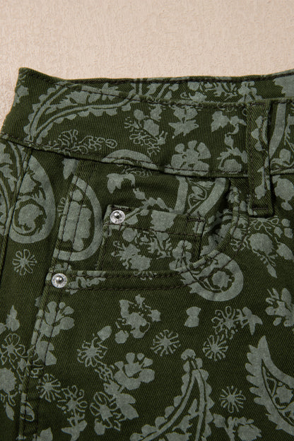 Green Paisley Print Harem Denim Pants