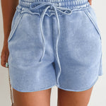 Sky Blue Mineral Washed Drawstring Elastic Waist Raw Cut Shorts