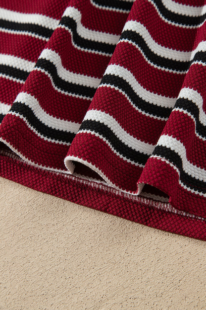 Red Stripe Dropped Shoulder Long Puff Sleeve Top