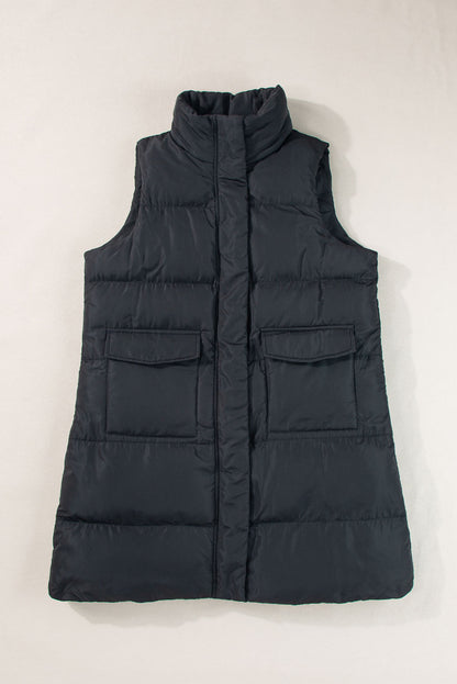 Gilet long noir coupe-vent avec fermeture éclair et poches